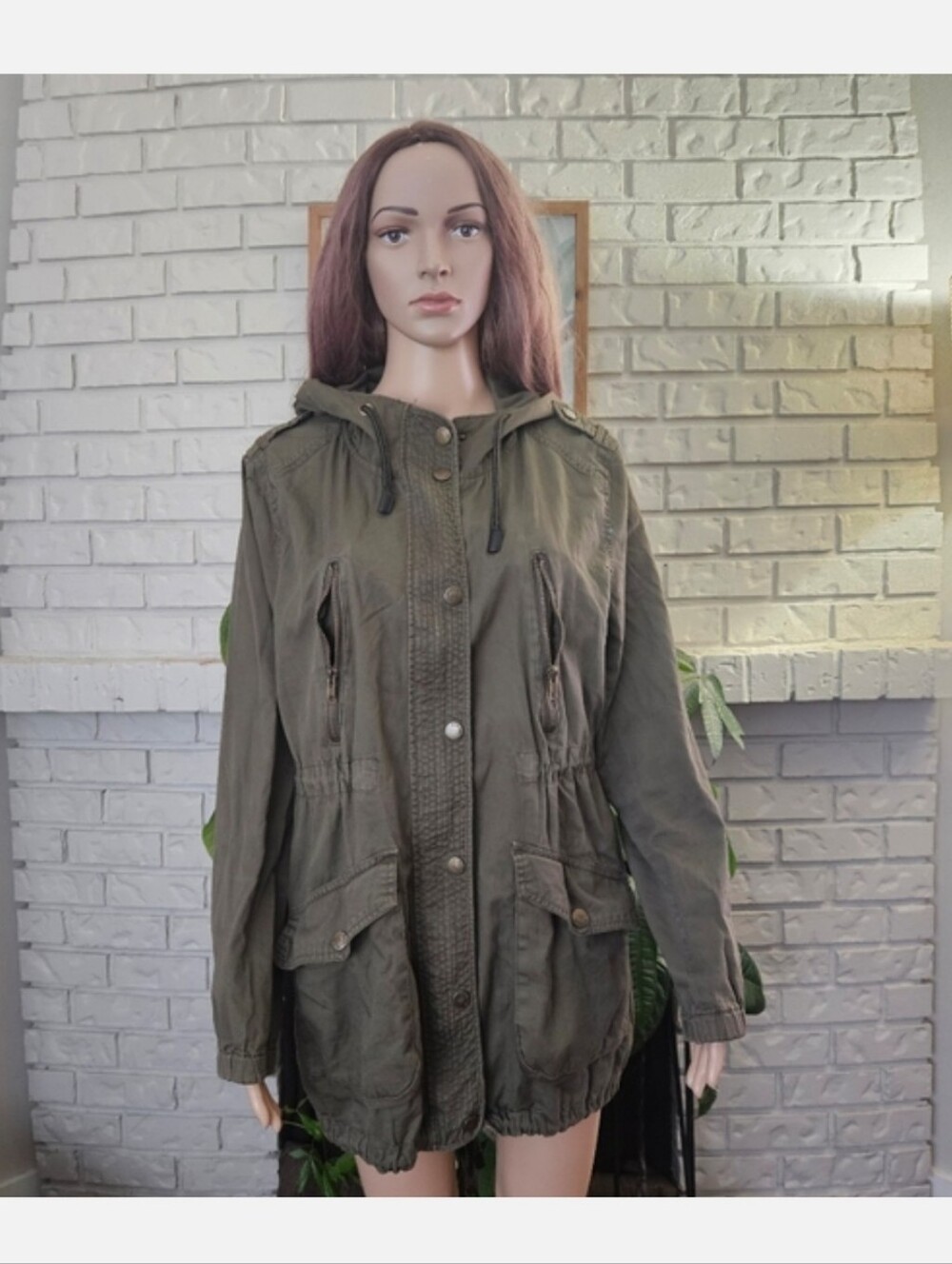 Garage Olive Green Utility Parka Jacket Hooded Long Line Y2K Windbreaker